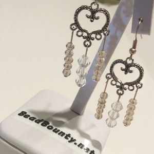 Lovely Antique Silver Heart Charm Earrings crystal